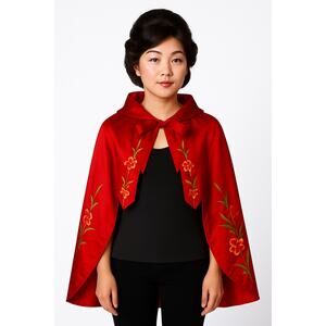 Vintage Red Silk Embroidered Padded Cape with Floral Satin Stitch Detail small